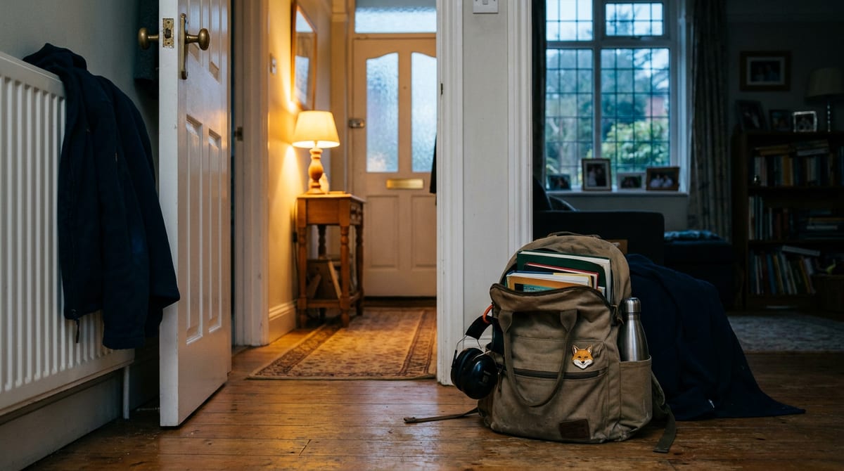 A packed school bag with ear defenders waiting by the front door of a UK family home at dusk, ready for a school place. AI-generated illustration.