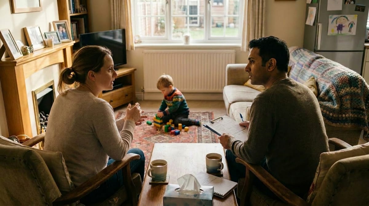 A parent carer and a social-care assessor talking over tea in a living room, a child playing in the background. AI-generated illustration.