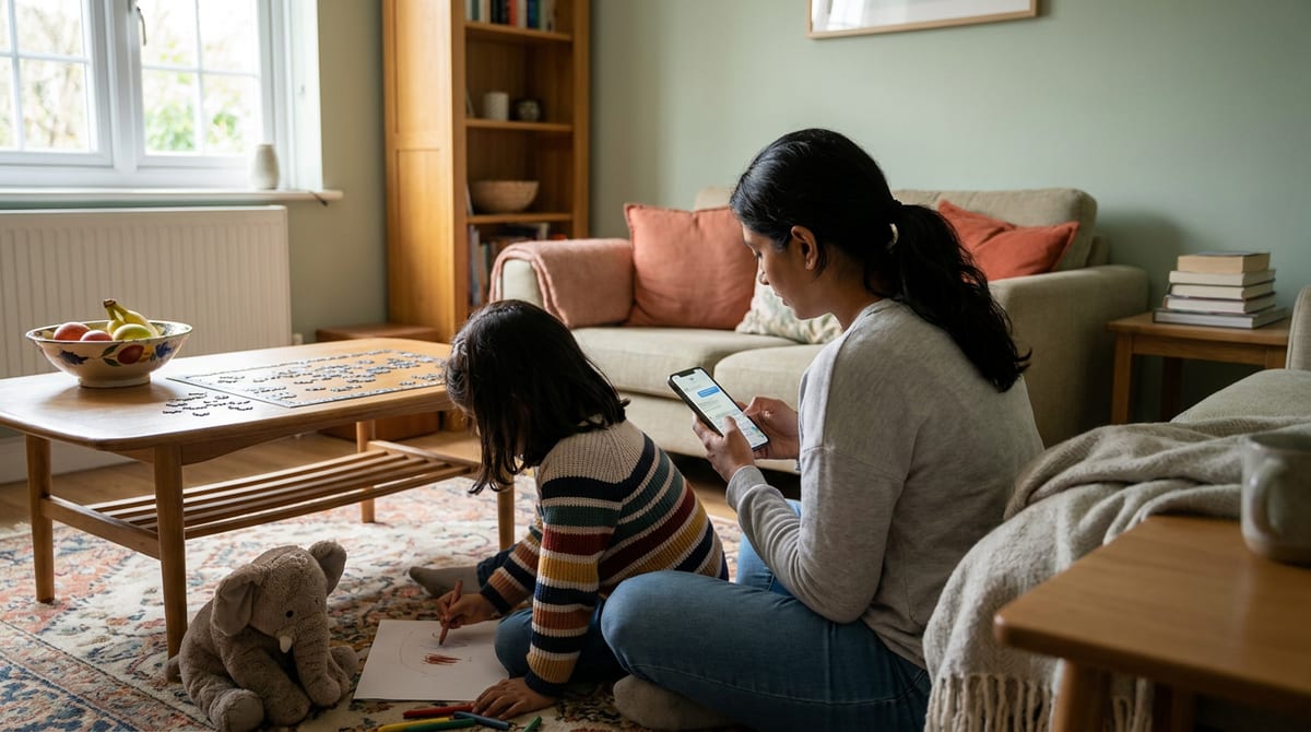 A parent and child sitting together on the floor at home, the child drawing while the parent makes notes on a phone. AI-generated illustration.