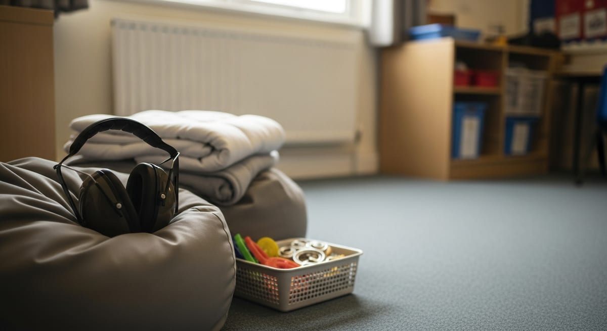A quiet low-demand corner with over-ear ear defenders resting on a beanbag in a calm English classroom. AI-generated illustration.
