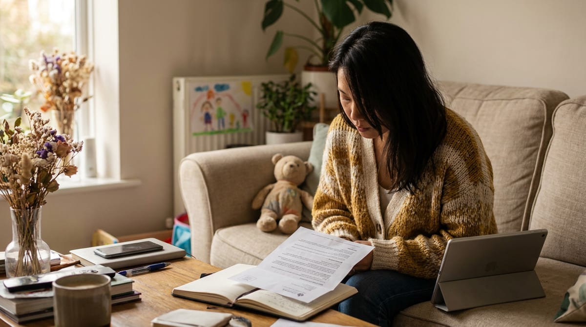 A parent sits on a sofa working through paperwork about her child's support.
