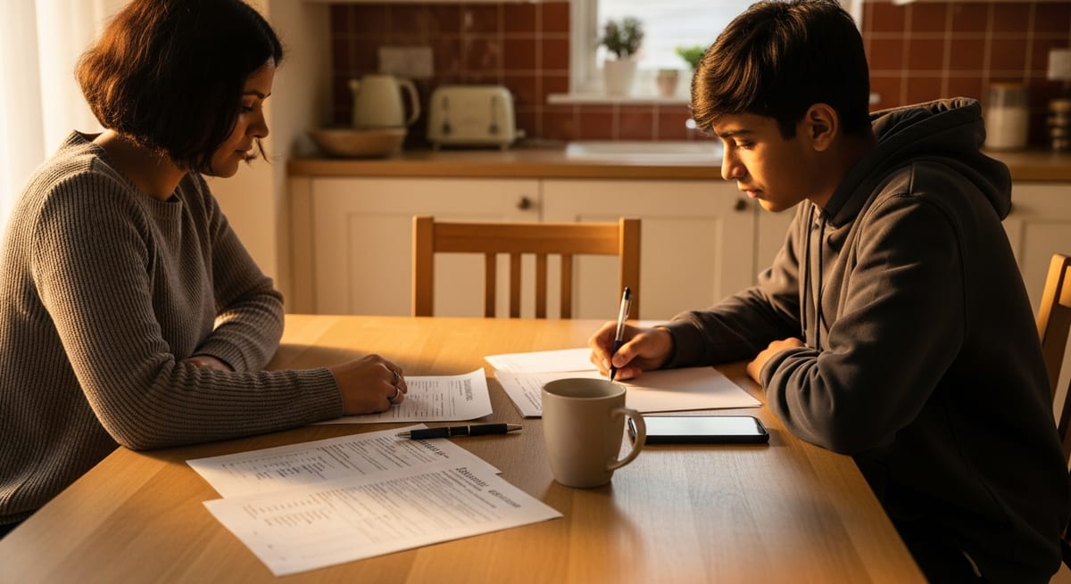 A parent and their teenager sitting together at a kitchen table working through benefit paperwork in warm late-afternoon light. AI-generated illustration.