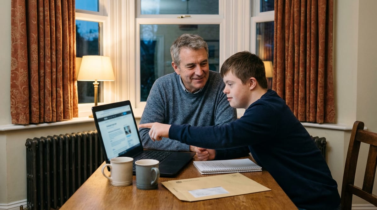 A teenage boy with Down's syndrome and his father look at a laptop together at the dining table, an official letter and mugs of tea beside them. AI-generated illustration.