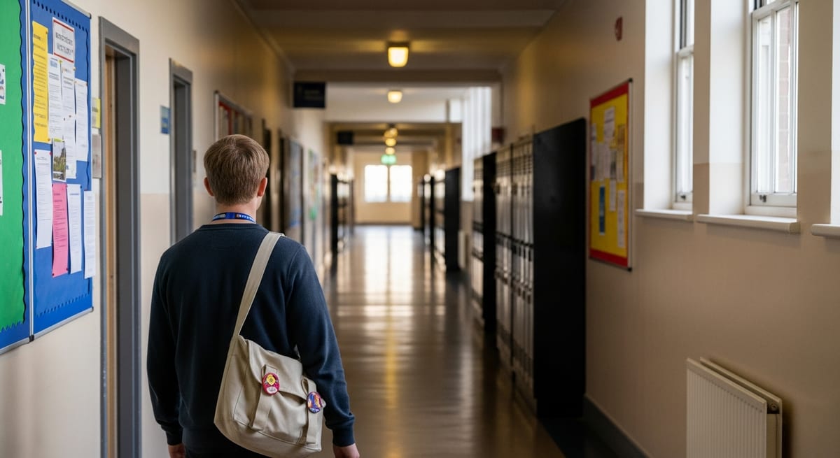 A young person walking away down a calm college corridor with a lanyard, on their way to a post-16 placement. AI-generated illustration.