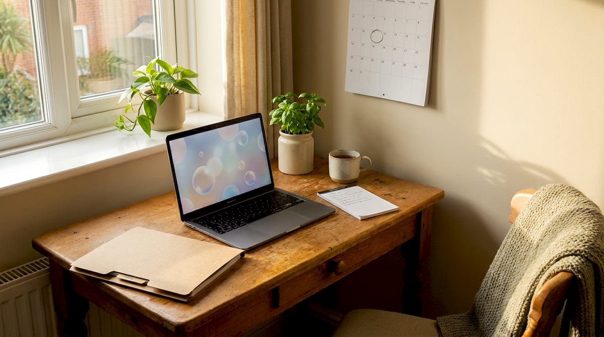 A tidy home desk with a laptop, a folder and a wall calendar, set up to prepare for a review meeting. AI-generated illustration.