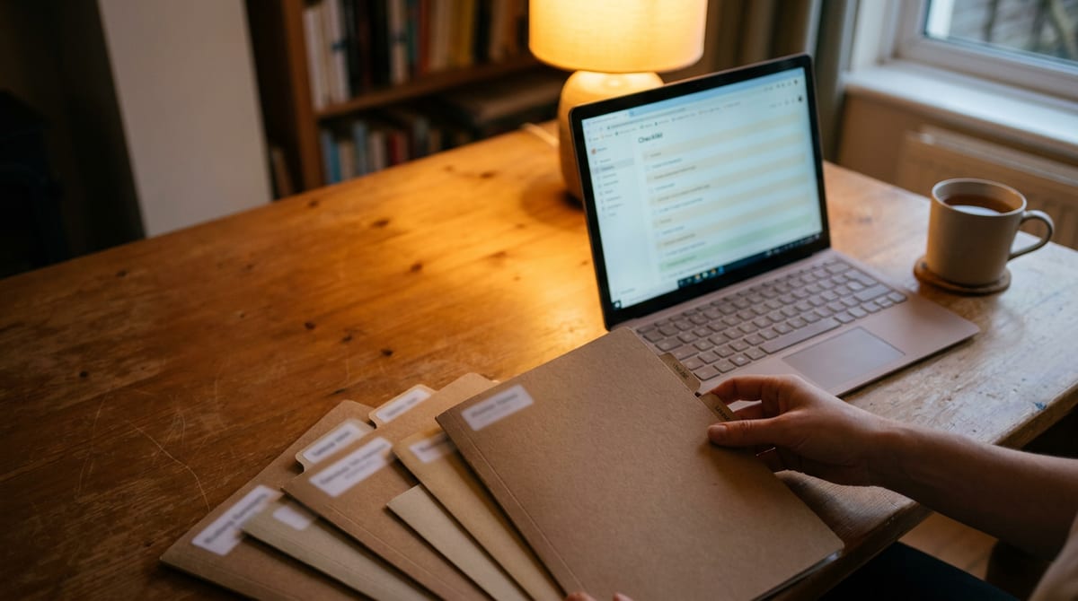 Labelled folders being sorted into order on a table beside a laptop, preparing evidence for a hearing. AI-generated illustration.