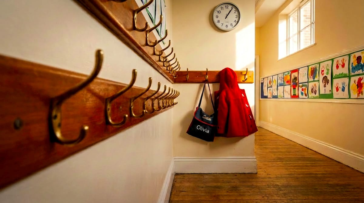 A single child's coat left on an empty row of school pegs in early afternoon, a clock on the wall. AI-generated illustration.