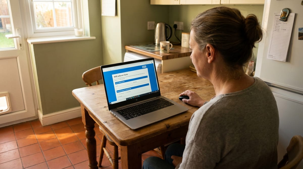 A woman at her kitchen table fills in an NHS referral form on a laptop. AI-generated illustration.