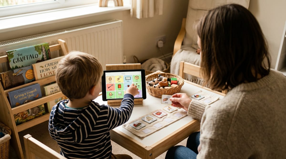 A speech and language session with an AAC symbol tablet and picture-exchange cards on a low table. AI-generated illustration.