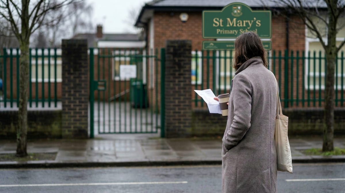 A parent standing at a UK school gate holding an exclusion letter, composed and informed. AI-generated illustration.