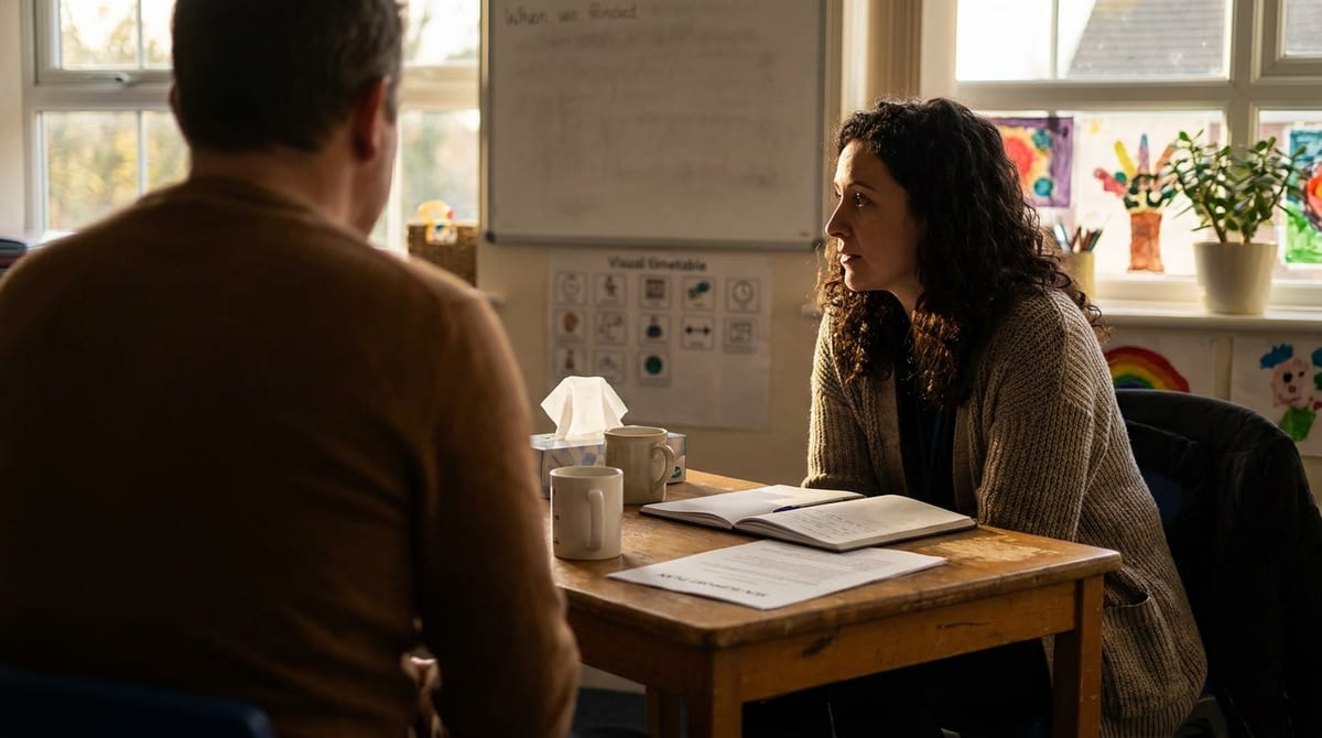 A parent and school staff member in conversation across a small table about SEN support. AI-generated illustration.