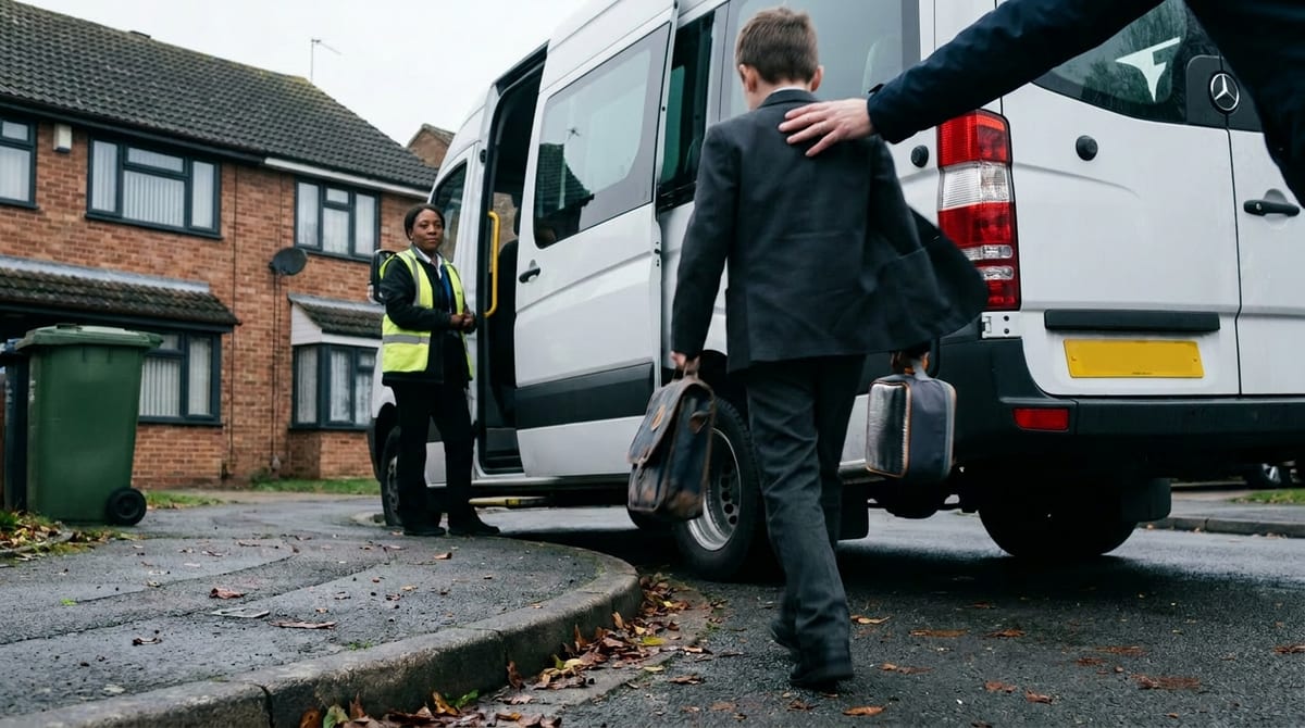A child boarding a white UK SEND minibus at the kerb with a passenger assistant, a parent's hand on their shoulder. AI-generated illustration.