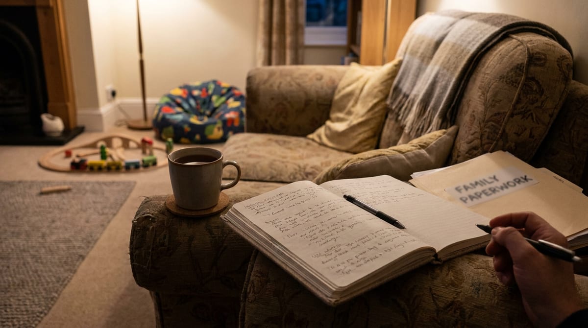 An assessor's notebook and a mug of tea on a sofa arm in a calm living room during a home social care assessment. AI-generated illustration.