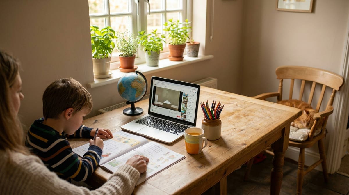 A child learning at home at a UK kitchen table with workbooks, a globe and a laptop, a tutor alongside. AI-generated illustration.