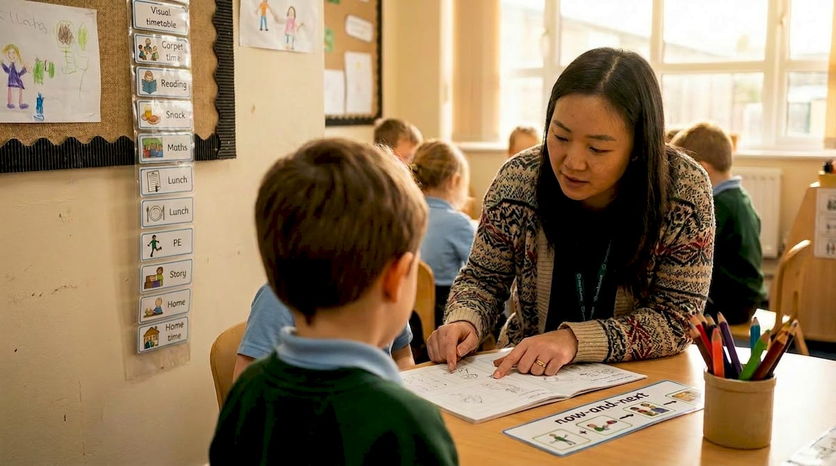 A teaching assistant supporting a child at a low table in a UK primary classroom, a visual timetable on the wall. AI-generated illustration.