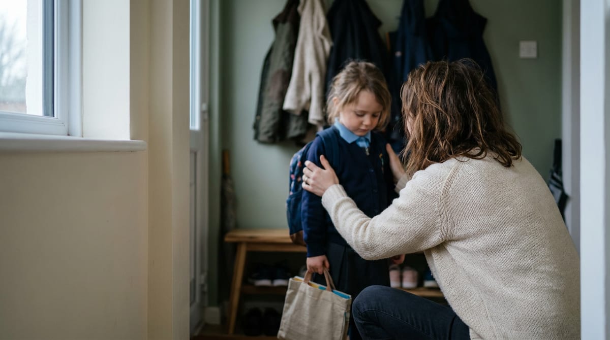 A parent reassures a hesitant primary-school-age child at the front door on a school morning.