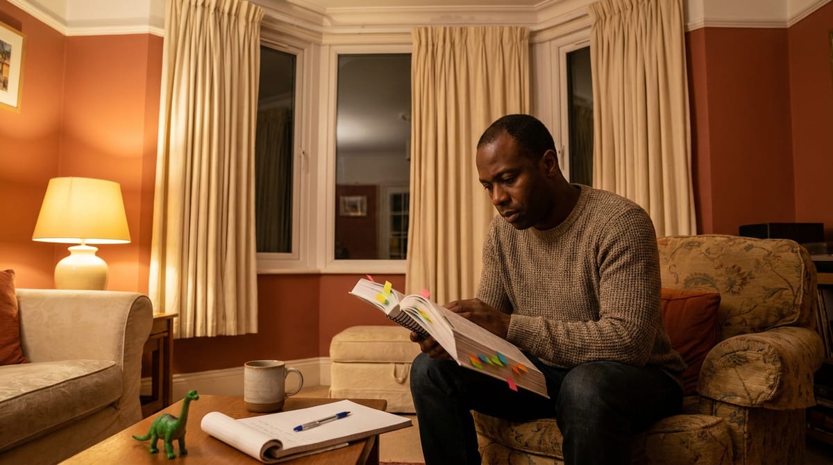 A father reads a thick guide marked with coloured sticky tabs in his living room, a child's toy dinosaur nearby. AI-generated illustration.