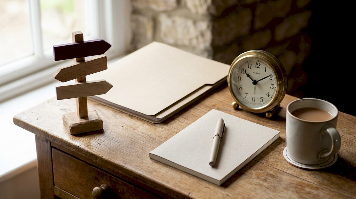 A small three-way signpost ornament on a tidy home desk beside a folder and notepad, suggesting a parent choosing the right route to complain. AI-generated illustration.