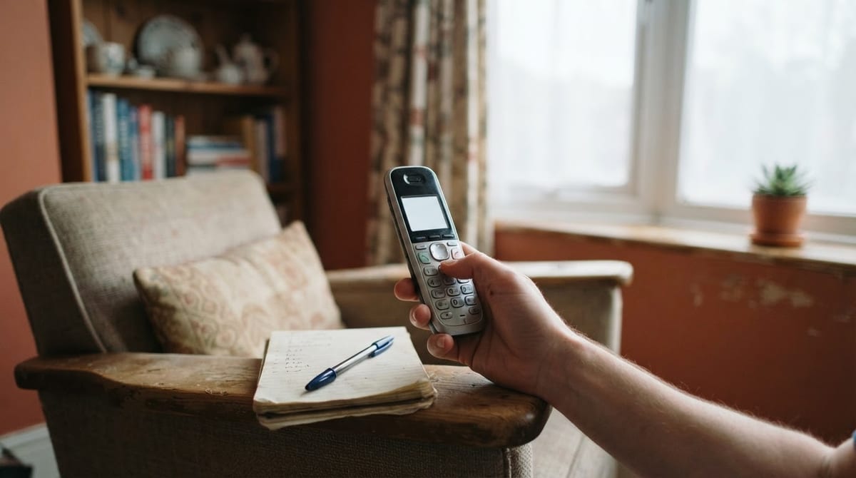 A hand dials a phone beside a notepad on a sofa arm in lamp-lit evening light. AI-generated illustration.