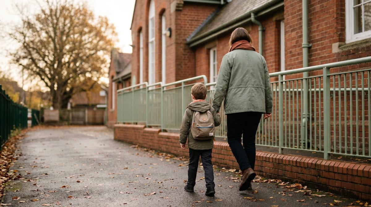 A parent and a primary-school-age child walk hand in hand towards school, seen from behind.