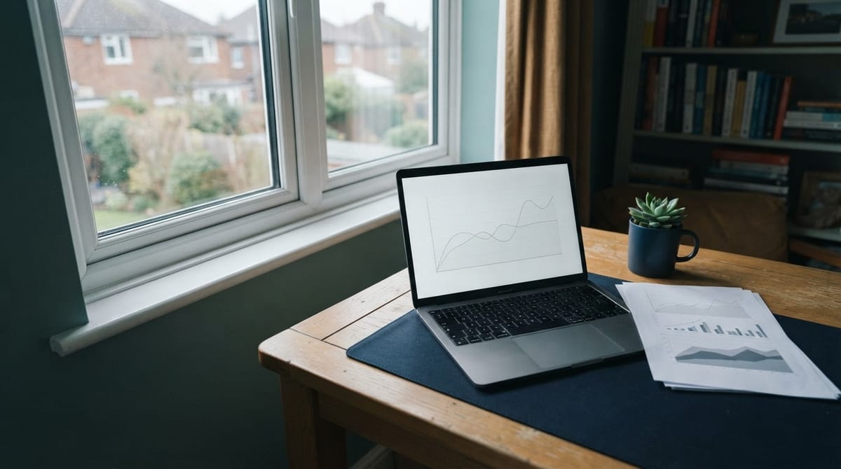 A laptop showing a blank chart beside printed report pages on a home desk. AI-generated illustration.