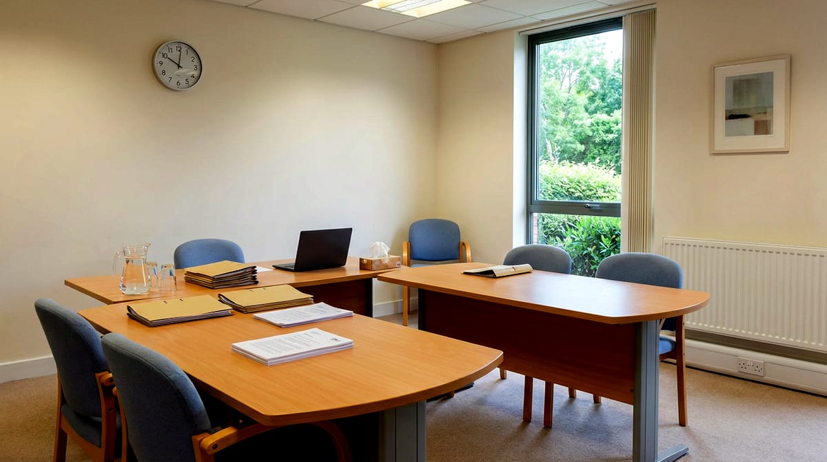 A calm tribunal meeting room in England with a tabbed evidence bundle, water and a notepad on the table. AI-generated illustration.