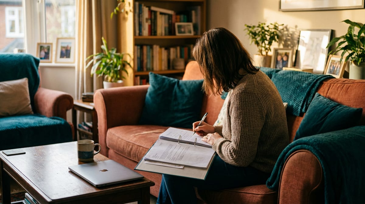 A parent sits on a sofa making notes from a folder of documents.