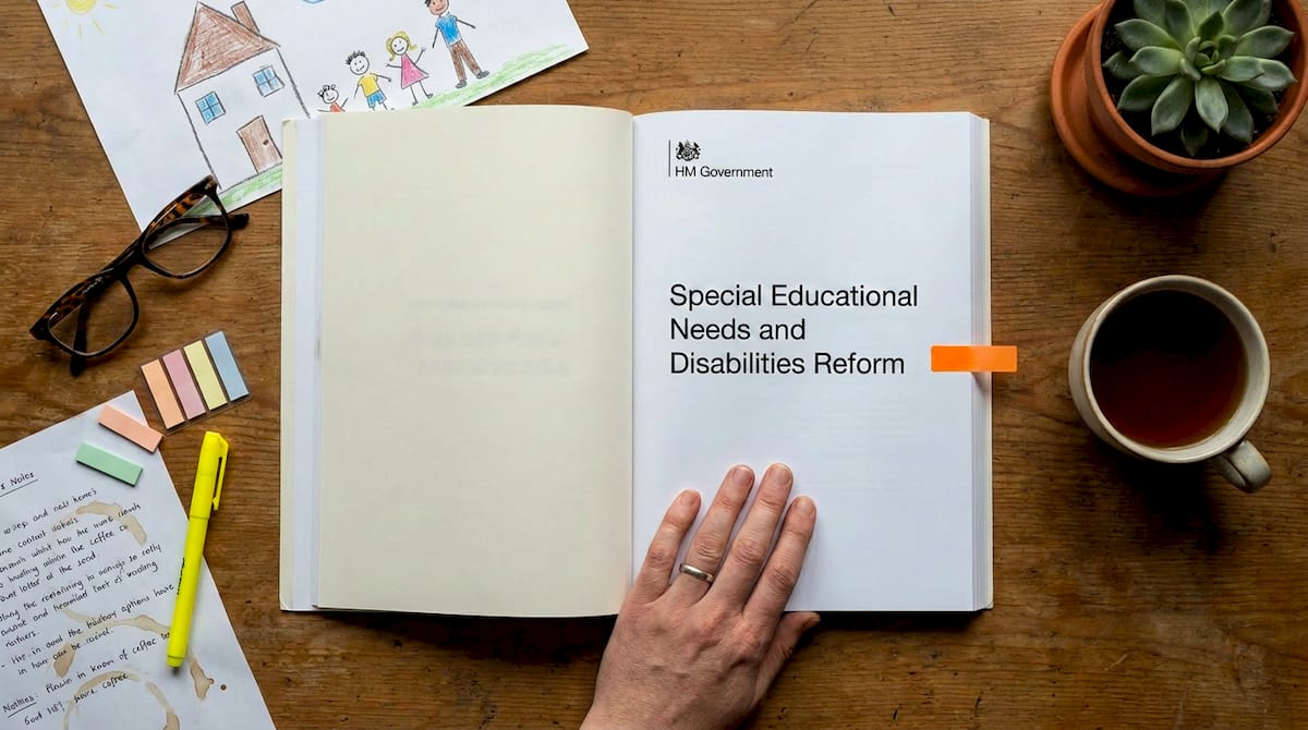 A printed SEND reform white paper open on a desk with sticky tabs, reading glasses and notes. AI-generated illustration.
