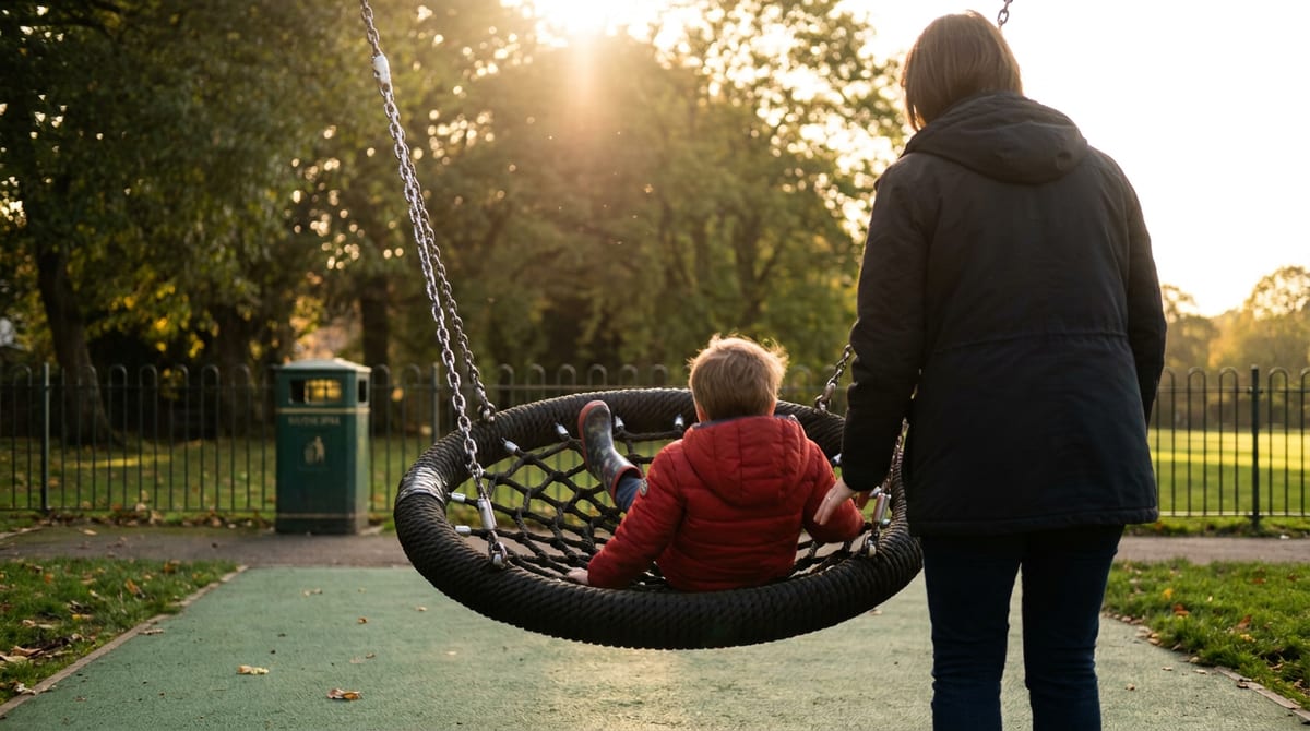 A child laughing and playing during a short-break activity while a support worker stays close. AI-generated illustration.