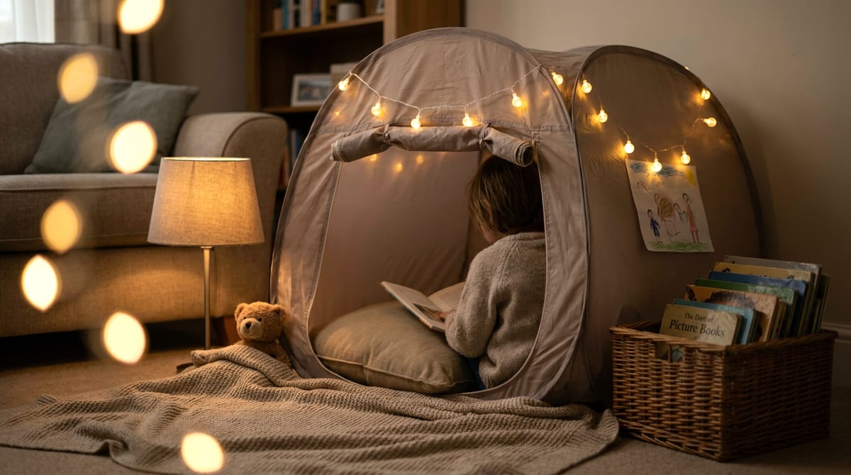 A child reading inside a cosy calm-corner den with cushions and fairy lights at home. AI-generated illustration.
