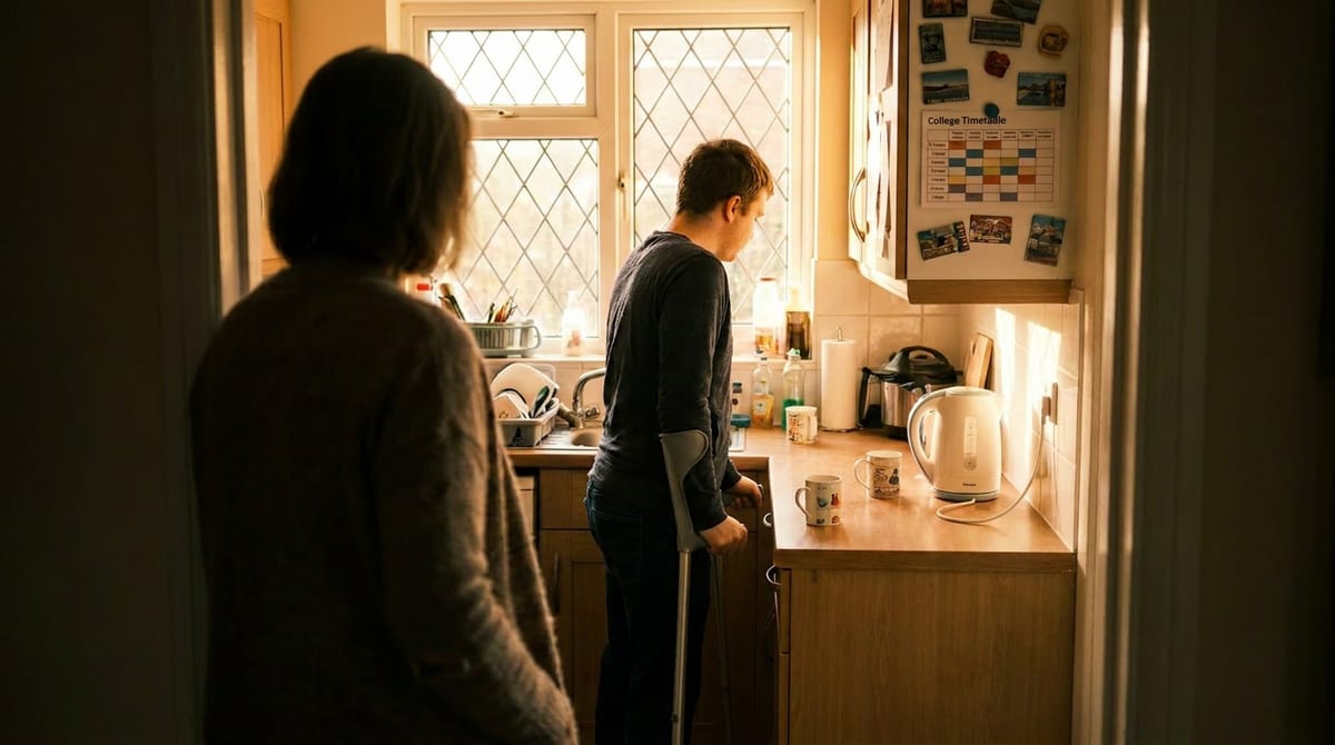 A disabled young adult making tea independently in a UK kitchen while a parent stands back in the doorway. AI-generated illustration.