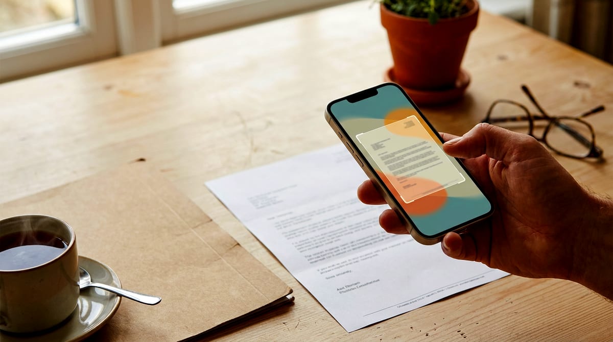 A phone held over a printed letter, turning the paper into text on screen. AI-generated illustration.