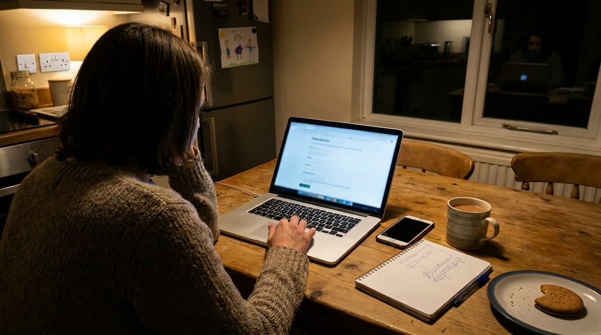 A parent updating a Universal Credit claim on a laptop at a UK kitchen table in the evening. AI-generated illustration.