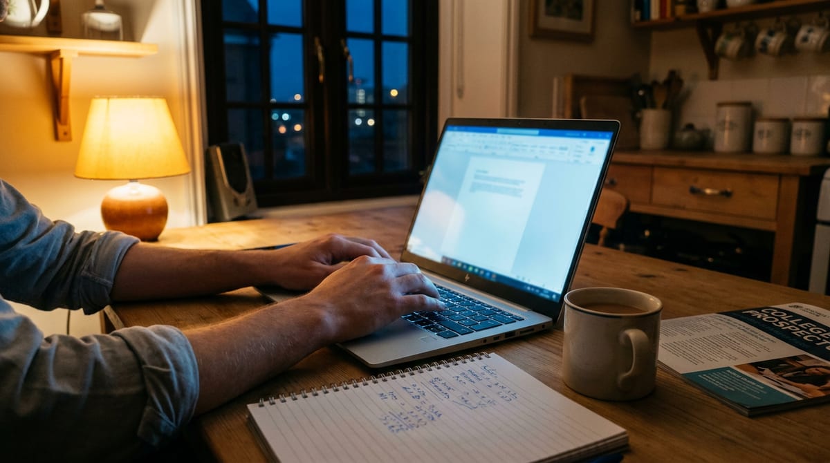 A young adult's hands on a laptop at a UK kitchen table at dusk, working through a benefits decision by lamplight. AI-generated illustration.