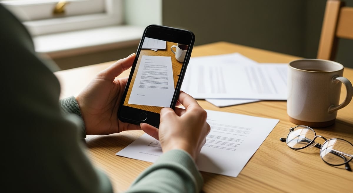 A parent at a kitchen table holding a phone upright to photograph a letter, the document filling the phone screen. AI-generated illustration.