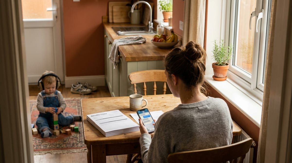 A parent at a kitchen table filling in a benefits claim form on their phone while a young child plays nearby. AI-generated illustration.