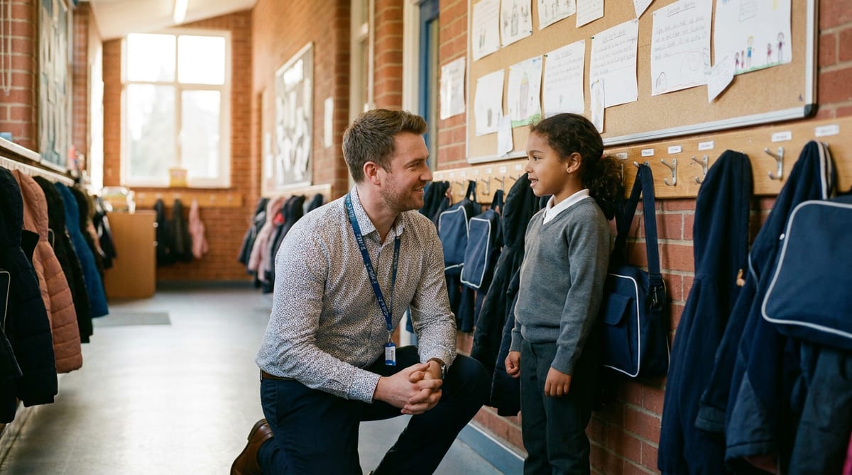 A teacher kneels to talk with a young pupil in a school cloakroom corridor lined with coat pegs and book bags. AI-generated illustration.