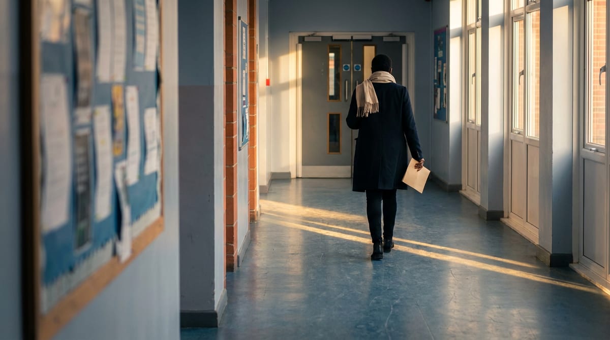 A parent carrying an envelope walks down an empty school corridor towards the double doors. AI-generated illustration.
