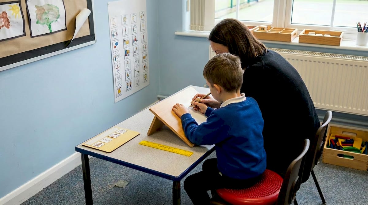 An open Education, Health and Care Plan binder on a UK table with a child playing in the background. AI-generated illustration.