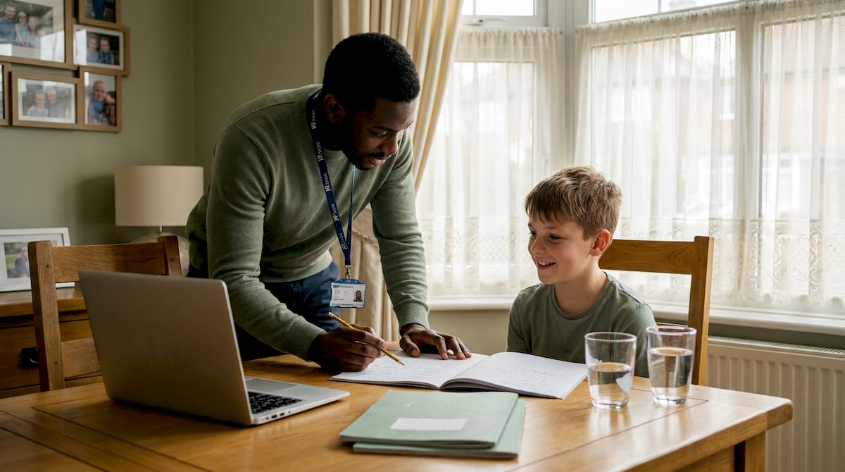 A tutor works one-to-one with a smiling boy at the family dining table, an open exercise book between them. AI-generated illustration.
