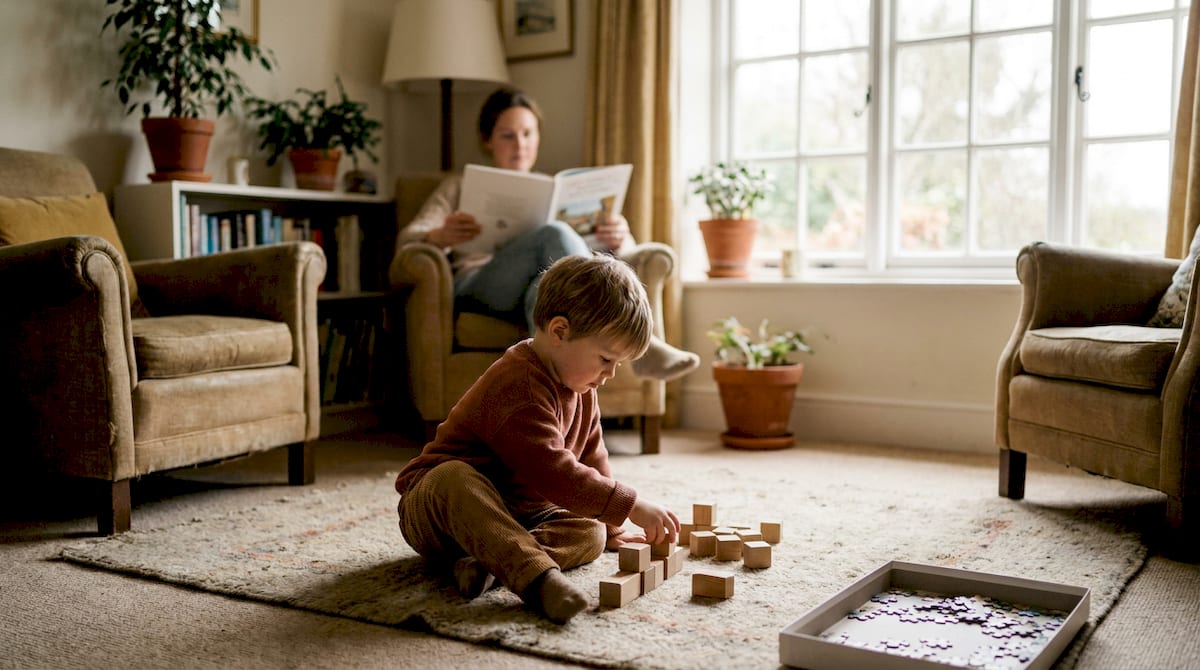 A young child plays alone at their own pace with blocks on a living room rug while a parent reads nearby. AI-generated illustration.