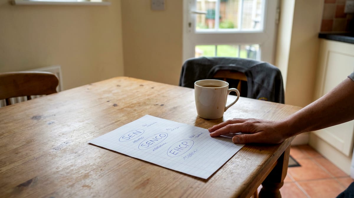 A hand rests on a sheet of notes on a kitchen table with SEN, SENCO and EHCP circled in handwriting, a mug of tea alongside. AI-generated illustration.