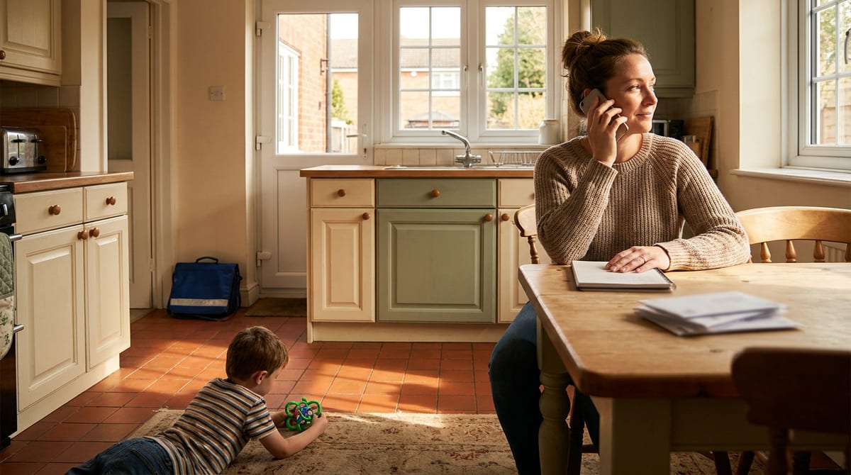 A mother makes a phone call at her kitchen table with a notebook in front of her while her young son plays on the floor. AI-generated illustration.