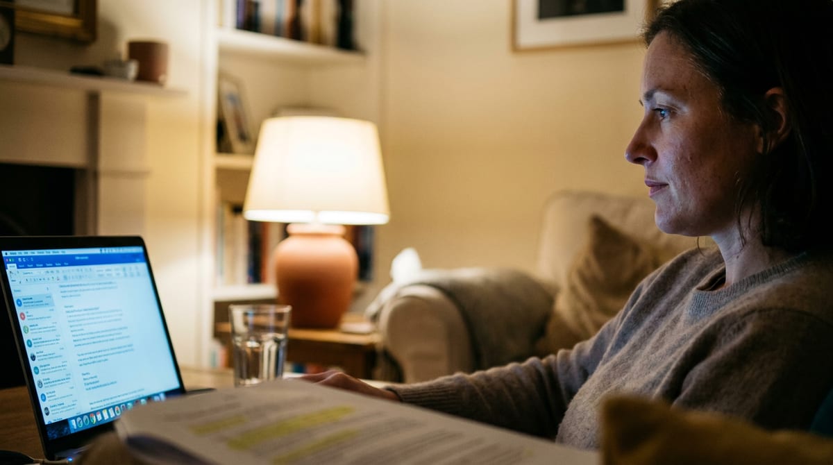 A woman reads a highlighted printout on the sofa in the evening with a directory-style webpage open on her laptop. AI-generated illustration.