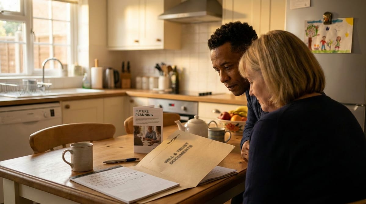 Two parents planning a will and trust for their disabled child's future over tea at a UK kitchen table. AI-generated illustration.