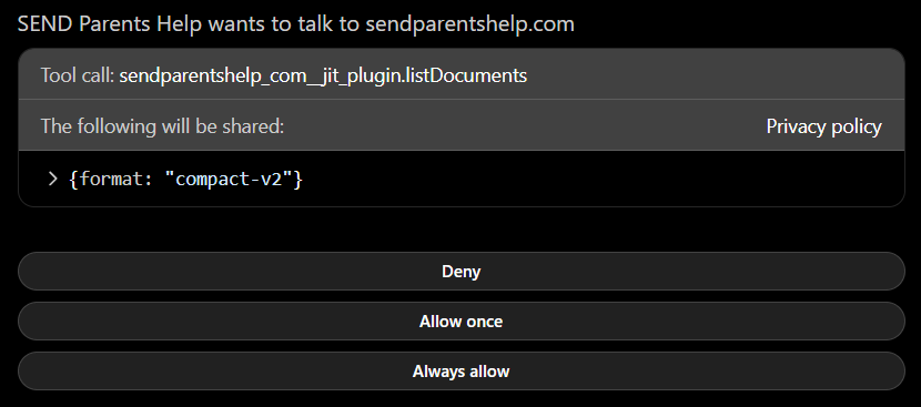 ChatGPT permission dialog titled "SEND Parents Help wants to talk to sendparentshelp.com" with Deny, Allow once and Always allow buttons