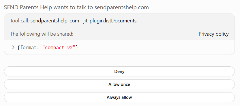 ChatGPT permission dialog titled "SEND Parents Help wants to talk to sendparentshelp.com" with Deny, Allow once and Always allow buttons